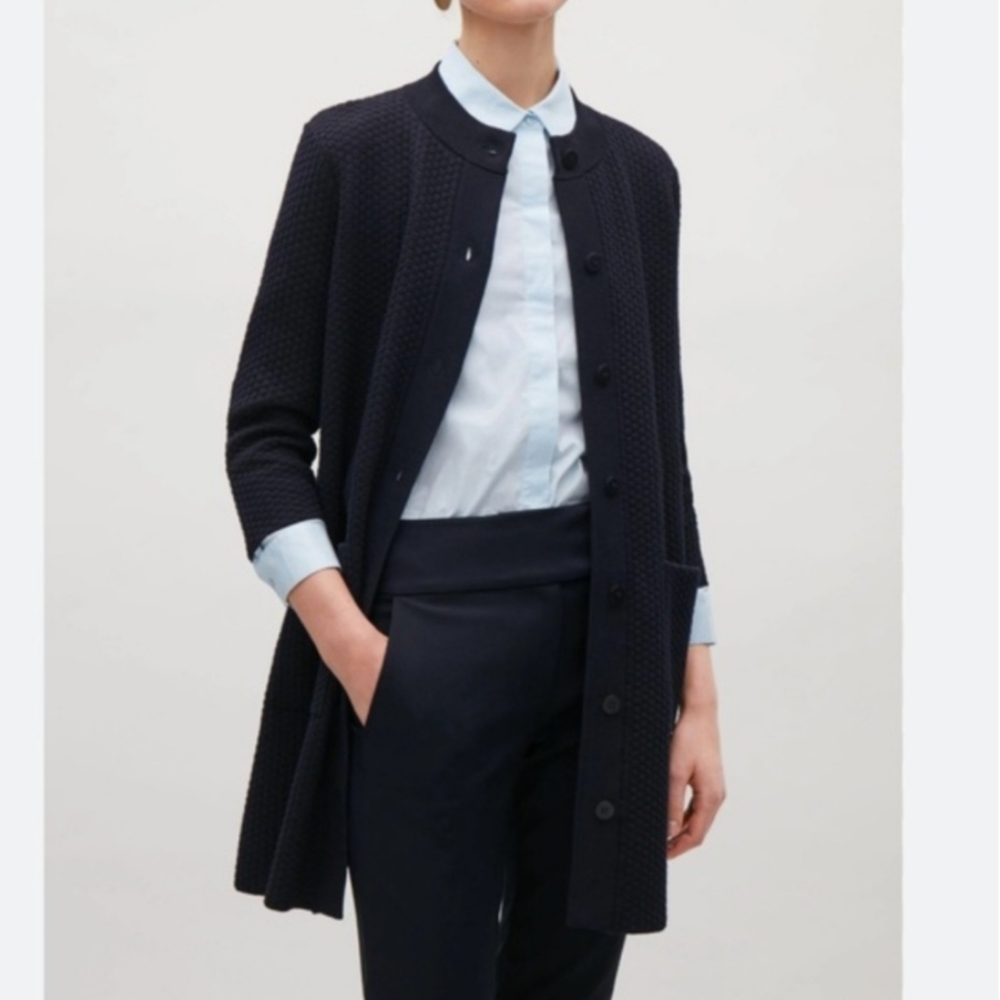COS Navy Blue Textured Quiet Luxury Classic Feminine Long Knit Cardigan